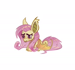 Size: 1992x1856 | Tagged: safe, artist:opalacorn, fluttershy, bat pony, pony, g4, cute, flutterbat, lying down, prone, race swap, sad, shyabates, shyabetes, simple background, solo, white background