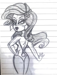 Size: 768x1024 | Tagged: safe, artist:inkies299, rarity, human, equestria girls, g4, ass, bedroom eyes, butt, freckles, grayscale, lined paper, looking at you, looking back, looking back at you, monochrome, rearity, solo