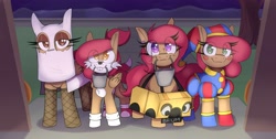 Size: 4096x2058 | Tagged: safe, artist:lockheart, oc, oc only, oc:cherry sweetheart, oc:stella cherry, earth pony, pegasus, pony, animal costume, bucket, car, clothes, costume, cute, eye clipping through hair, female, fox costume, ghost costume, group, halloween, halloween costume, hat, holiday, jester, jester hat, jester outfit, looking at you, mare, miles "tails" prower, mouth hold, nightmare night costume, pomni, quartet, smiling, smiling at you, sonic the hedgehog (series), the amazing digital circus, trick or treat