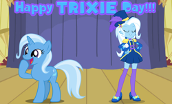 Size: 2820x1708 | Tagged: safe, artist:shieldwingarmorofgod, trixie, human, pony, unicorn, equestria girls, g4, female, self paradox, self ponidox, solo, stage, trixie day