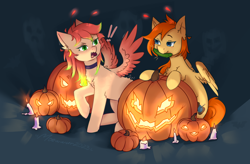 Size: 3500x2300 | Tagged: safe, artist:moewwur, artist:rin-mandarin, oc, oc only, oc:chise, oc:svatya, pegasus, pony, antennae, blue background, candle, couple, cucumber, food, ginger hair, halloween, helloween, high res, holiday, jack-o-lantern, pegasus wings, pink hair, pink mane, pumpkin, red hair, simple background, spooky, spread wings, strawberry mane, tendrils, wings