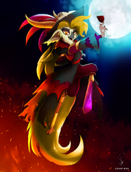 Size: 3366x4414 | Tagged: safe, artist:zidanemina, captain celaeno, avian, bird, parrot, undead, vampire, anthro, g4, my little pony: the movie, alternate color palette, alternate design, alternate hairstyle, amputee, clothes, costume, cup, halloween, halloween costume, holiday, looking at you, moon, night, orni, smiling, solo