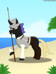 Size: 1800x2400 | Tagged: safe, artist:alejandrogmj, artist:wasisi, oc, oc:wasisi, changeling, armor, beach, changeling oc, clothes, helmet, looking at you, morrión