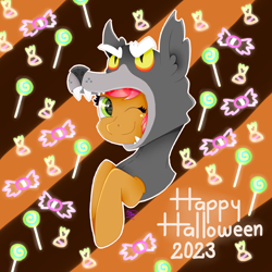 Size: 1600x1600 | Tagged: safe, artist:kathepart, babs seed, earth pony, pony, g4, candy, clothes, costume, food, halloween, halloween costume, holiday, lollipop, looking at you, one eye closed, reference, wink