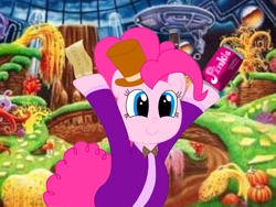 Size: 2048x1536 | Tagged: safe, artist:joeysclues, pinkie pie, earth pony, pony, g4, candy, chocolate, chocolate bar, factory, female, food, golden ticket, mare, roald dahl, solo, willy wonka, willy wonka and the chocolate factory, wonka bar