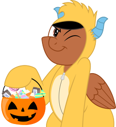 Size: 2308x2524 | Tagged: safe, artist:mlptmntfan2000, oc, oc only, oc:pencil sketch, pegasus, pony, candy, clothes, costume, food, halloween, high res, holiday, male, pumpkin, pumpkin bucket, simple background, solo, stallion, transparent background, trick or treat