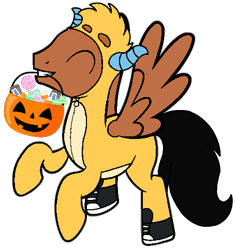 Size: 456x484 | Tagged: safe, artist:noi kincade, oc, oc only, oc:pencil sketch, pegasus, pony, g4, candy, clothes, costume, food, halloween, halloween costume, holiday, male, pumpkin, pumpkin bucket, simple background, solo, transparent background