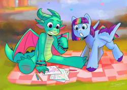 Size: 4132x2919 | Tagged: safe, artist:daisy_marshmallow, sparky sparkeroni, oc, oc:matt meadows, dragon, pegasus, pony, g5, amazed, bracelet, colt, drawing, duo, foal, freckles, jewelry, male, older, older sparky sparkeroni, outdoors, pegasus oc, picnic blanket, smiling