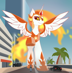 Size: 3160x3200 | Tagged: safe, artist:just rusya, daybreaker, alicorn, human, g4, car, crush fetish, crushing, fetish, high res, looking down, macro, micro, people, raised hoof, size difference, smiling, solo, spread wings, stomping, street, underhoof, wings