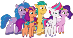 Size: 1033x550 | Tagged: safe, edit, edited screencap, editor:pascalmulokozi2, screencap, hitch trailblazer, izzy moonbow, pipp petals, sunny starscout, zipp storm, earth pony, pegasus, pony, unicorn, g5, my little pony: tell your tale, :o, background removed, female, male, mane five, mare, not a vector, open mouth, simple background, stallion, transparent background
