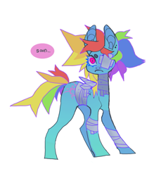 Size: 851x931 | Tagged: safe, artist:cutesykill, rainbow dash, pegasus, pony, g4, bandage, bandaged leg, bandaged wing, beanbrows, closed mouth, ear piercing, earring, eyebrows, eyepatch, female, frown, injured, jewelry, mare, missing cutie mark, piercing, scarred, simple background, solo, soon, standing, white background, wings