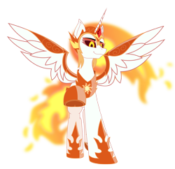Size: 3300x3200 | Tagged: safe, artist:just rusya, daybreaker, alicorn, pony, g4, female, high res, looking at you, looking down, looking down at you, mare, raised hoof, simple background, smiling, solo, spread wings, transparent background, underhoof, wings