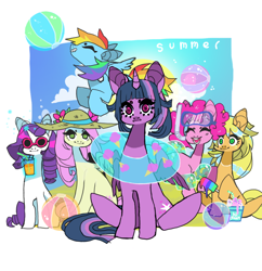 Size: 850x878 | Tagged: safe, artist:cutesykill, applejack, fluttershy, pinkie pie, rainbow dash, rarity, twilight sparkle, alicorn, earth pony, pegasus, pony, unicorn, g4, beach ball, beanbrows, closed mouth, cloud, cup, eyebrows, eyes closed, female, food, freckles, group, hat, ice cream, inner tube, levitation, looking at you, magic, magic aura, mane six, mare, missing accessory, open mouth, pool toy, popsicle, sextet, sitting, sky, smiling, snorkel, straw, sun, sun hat, sunglasses, telekinesis, twilight sparkle (alicorn), wrong eye color