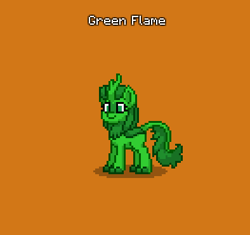 Size: 394x371 | Tagged: safe, oc, oc:green flame, kirin, pony, pony town, cloven hooves, do not steal, female, green fur, green mane, green tail, horn, kirin oc, orange background, original character do not steal, simple background, solo, tail