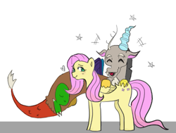 Size: 553x419 | Tagged: safe, artist:tipicacatolica, discord, fluttershy, g4, 2023, ^^, antlers, cringetober, cute, discute, eyes closed, female, green eyes, heart, heart shaped, horn, looking back, male, ship:discoshy, shipping, simple background, small hand, small hands, smiling, standing, stars, straight, when you see it, white background