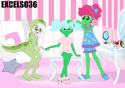 Size: 1102x780 | Tagged: safe, artist:excelso36, oc, oc only, oc:fossil fluster, oc:frost d. tart, oc:northern haste, human, equestria girls, g4, clothes, crossdressing, diaper, dresser, dressup, equestria girls-ified, female, femboy, footed sleeper, footie pajamas, girly, makeup, male, nail polish, non-baby in diaper, onesie, pajamas, pigtails, sissy, slippers, wig
