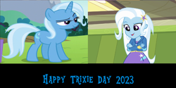 Size: 2000x1000 | Tagged: safe, artist:mlpfan3991, trixie, human, pony, unicorn, equestria girls, g4, my little pony equestria girls, 2023, female, smiling, solo, trixie day