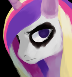 Size: 674x718 | Tagged: safe, artist:reponer, derpibooru exclusive, princess cadance, alicorn, pony, g4, angry, black background, black metal, bust, corpse paint, death stare, evil cadance, face paint, metal, metalhead, portrait, simple background, stern