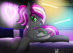 Size: 2998x2160 | Tagged: safe, artist:etheria galaxia, neon lights, rising star, oc, oc only, oc:bitwise operator, bat pony, cyborg, pony, :p, bat pony oc, bat wings, bed, bedroom eyes, ear fluff, ear tufts, fangs, female, looking at you, mare, tongue out, watermark, wings