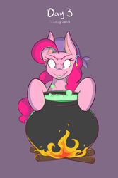Size: 1365x2048 | Tagged: safe, artist:mscolorsplash, pinkie pie, earth pony, pony, bandana, cauldron, female, fire, grin, looking at something, mare, ponytober, smiling, solo