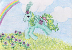 Size: 1061x753 | Tagged: safe, artist:normaleeinsane, princess pristina, g1, bow, flower, rainbow, tail, tail bow, traditional art