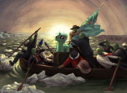 Size: 3000x2200 | Tagged: safe, artist:t72b, lyra heartstrings, oc, oc:anon, pony, unicorn, g4, bandage, boat, box, clothes, clown, female, fine art parody, flag, flag of equestria, frown, goggles, grin, halo, hat, high res, ice, l.u.l.s., male, mare, necktie, numget, river, rowboat, smiling, suit, sunrise, washington crossing the delaware