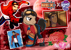 Size: 1000x703 | Tagged: safe, artist:muhammad yunus, earth pony, human, pony, g4, base used, blood moon, clothes, crossover, flower, generator rex, logo, male, moon, open mouth, plant, ponified, red background, rex salazar, simple background, smiling, stallion, text, wallpaper, watermark