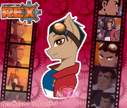 Size: 1783x1511 | Tagged: safe, artist:aspieartwork, artist:muhammad yunus, earth pony, human, pony, base used, clothes, crossover, cute, generator rex, jacket, logo, looking at you, male, ponified, red background, rex salazar, simple background, smiling, smiling at you, text, topwear, watermark