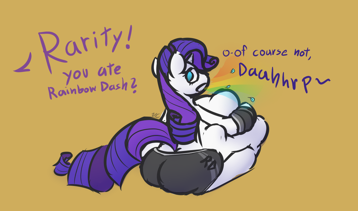 3212130 - suggestive, artist:voraciouscutie, rarity, pony, unicorn, g4,  belly, big belly, burp, burping feathers, burping up items, clothes,  costume, cute, digestion, female, fetish, huge belly, implied rainbow dash,  impossibly large belly, open