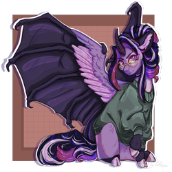 Size: 4096x4096 | Tagged: safe, artist:colourdropart, oc, oc only, oc:yuyusunshine, alicorn, bat pony, bat pony alicorn, pony, alicorn oc, bat wings, claws, clothes, cloven hooves, colored hooves, colored horn, curved horn, ear fluff, glasses, grid, horn, hybrid wings, looking at you, not twilight sparkle, orange background, ponysona, simple background, sitting, solo, sweater, wing claws, wings