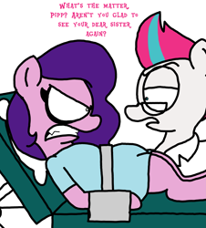 Size: 3023x3351 | Tagged: safe, artist:professorventurer, pipp petals, zipp storm, pegasus, pony, series:ask pippamena, g5, angry, bed, clothes, cuffed, dialogue, duo, female, gritted teeth, high res, hospital bed, hospital gown, lidded eyes, looking at each other, looking at someone, lying down, on back, open mouth, pippamena, primrose petals, reading glasses, teeth