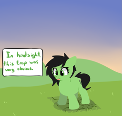 Size: 795x749 | Tagged: safe, artist:neuro, oc, oc only, oc:filly anon, earth pony, pony, dialogue, female, filly, foal, looking down, pitfall, solo, speech bubble, trap (device)