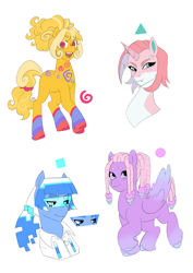 Size: 2551x3604 | Tagged: safe, artist:aztrial, oc, oc only, oc:swirlie scribble, unnamed oc, earth pony, pegasus, pony, unicorn, adoptable, beanbrows, blue eyes, body freckles, circle, closed mouth, colored hooves, colored wings, cyan eyes, dreadlocks, earth pony oc, eyebrow slit, eyebrows, fangs, freckles, gradient legs, gradient wings, group, hair beads, high res, horn, lavender eyes, looking at you, open mouth, pegasus oc, ponytail, purple eyes, quartet, red eyes, shapes, simple background, smiling, square, swirl, swirly eyes, tooth gap, triangle, unicorn oc, unshorn fetlocks, visor, white background, wings