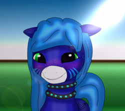 Size: 9000x7978 | Tagged: safe, artist:annette62, oc, oc only, oc:annette (lewdpone), pegasus, pony, g5, blue fur, blue hair, cute, cute smile, female, freckles, g5 oc, green eyes, lens flare, looking at you, outdoors, pegasus oc, smiling, smiling at you, solo, tail