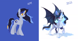 Size: 3000x1600 | Tagged: safe, artist:kraytt-05, oc, oc only, oc:mirage moon, alicorn, bat pony, bat pony alicorn, earth pony, pony, 2014, 2023, bat wings, chest fluff, ethereal mane, fangs, female, heterochromia, high res, horn, magical lesbian spawn, mare, offspring, parent:derpy hooves, parent:princess luna, parents:lunaderp, raised hoof, solo, spread wings, starry mane, starry wings, updated design, wings