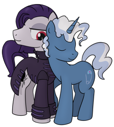 Size: 2086x2330 | Tagged: safe, artist:superderpybot, funnel web, pokey pierce, earth pony, pony, unicorn, g4, affection, clothes, duo, eyes closed, gay, goth, happy, high res, jacket, male, simple background, snuggling, stallion, standing, transparent background