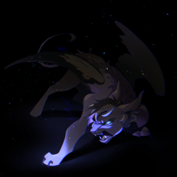 Size: 3000x3000 | Tagged: safe, artist:kraytt-05, oc, oc only, oc:bitter zest, hippogriff, hybrid, black background, black sclera, fangs, glowing, glowing eyes, high res, horns, interspecies offspring, offspring, parent:dumbbell, parent:gilda, parents:gildabell, simple background, slit pupils, snarling, solo