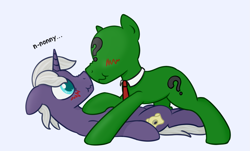Size: 2193x1323 | Tagged: safe, artist:superderpybot, oc, oc only, oc:anon, oc:eclipsing dawn, pony, unicorn, blue background, blushing, gay, horn, looking at each other, looking at someone, male, male oc, oc x oc, one on top the other, pinned down, scrunchy face, shipping, simple background, snuggling, stallion, unicorn oc