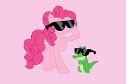 Size: 275x184 | Tagged: safe, gummy, pinkie pie, earth pony, pony, g4, pink background, simple background, sunglasses