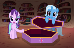 Size: 1636x1080 | Tagged: safe, artist:horses are fuckin weird, starlight glimmer, trixie, pony, unicorn, g4, bipedal, book, bookshelf, coffin, cute, diatrixes, duo, duo female, female, glimmerbetes, golden oaks library, implied twilight sparkle, looking at you, mare, meme, open mouth, open smile, reference, reference to another series, smiling, spongebob reference, spongebob squarepants, squidward the unfriendly ghost