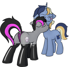Size: 1987x1854 | Tagged: safe, artist:superderpybot, oc, oc only, oc:closed book, oc:damage case, earth pony, pony, unicorn, affection, blue coat, butt, clothes, earth pony oc, emo, eyes closed, gay, gray coat, horn, latex, latex socks, male, nuzzling, panties, plot, raised tail, scrunchy face, simple background, socks, stallion, striped panties, striped underwear, tail, transparent background, underwear, unicorn oc