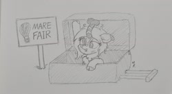Size: 2048x1124 | Tagged: safe, artist:mkogwheel, oc, oc only, oc:crow mellow, kirin, mare fair, cloven hooves, female, glasses, grayscale, kirin oc, monochrome, pencil drawing, solo, spinning eyes, suitcase, traditional art