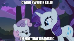 Size: 888x499 | Tagged: safe, edit, edited screencap, screencap, rarity, sweetie belle, pony, unicorn, g4, sisterhooves social, belle sisters, blatant lies, caption, duo, female, grin, image macro, siblings, sisters, smiling, sweetie belle is not amused, text, unamused