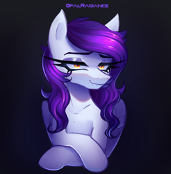 Size: 2940x2982 | Tagged: safe, artist:opal_radiance, oc, oc only, oc:ghost, pegasus, pony, crossed hooves, eyebrows, female, folded wings, gradient background, high res, looking at you, mare, pegasus oc, signature, smiling, smiling at you, solo, wings