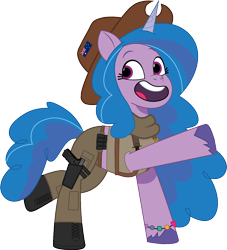 Size: 1276x1408 | Tagged: safe, artist:edy_january, artist:prixy05, edit, vector edit, izzy moonbow, pony, unicorn, g5, my little pony: tell your tale, australia, australian, belt, boots, clothes, combat knife, cowboy hat, glock, glock 17, gun, handgun, hat, jewelry, knife, pistol, shirt, shoes, simple background, solo, tank top, transparent background, vector, weapon