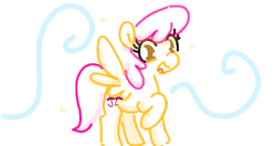 Size: 682x359 | Tagged: safe, artist:algoatall, parasol, pegasus, pony, g4, female, gartic phone, happy, looking at you, mare, open mouth, simple background, smiling, solo, sparkles, spread wings, white background, wings