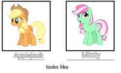 Size: 1078x649 | Tagged: safe, edit, part of a set, applejack, minty (g4), earth pony, pony, g4, comparison, duo, duo female, female, simple background, white background