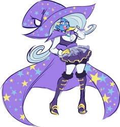 Size: 2557x2706 | Tagged: safe, artist:eemapso, trixie, human, g4, female, giant hat, hand on hip, hat, high res, humanized, long cape, open mouth, open smile, pony coloring, simple background, smiling, solo, white background, white pupils