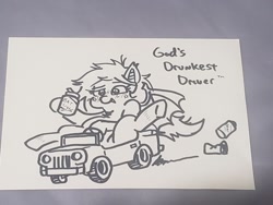 Size: 2048x1536 | Tagged: safe, artist:jargon scott, oc, oc only, oc:mitzy, bat pony, pony, alcohol, bat pony oc, beer, beer can, blushing, car, drink, driving, drunk, female, grayscale, hoof hold, mare, monochrome, power wheels, solo, this will end in death, this will end in tears, this will end in tears and/or death, traditional art