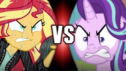 Size: 1192x670 | Tagged: safe, starlight glimmer, sunset shimmer, human, unicorn, equestria girls, g4, my little pony equestria girls: friendship games, the parent map, angry, antagonist, arms, clothes, female, fight, gritted teeth, hand, jacket, leather, leather jacket, mare, protagonist, rage, ragelight glimmer, rageset shimmer, sunset vs starlight, teeth, top, unhappy, vs